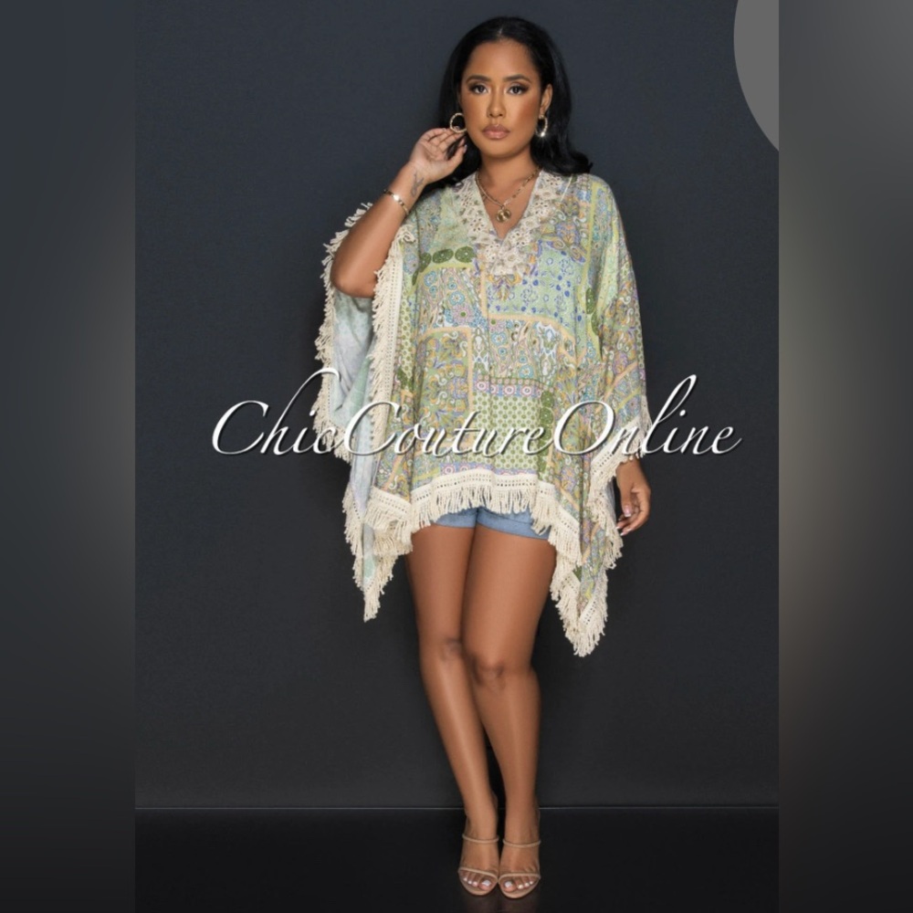 Layton Nude Green Print Kimono Tassels Top